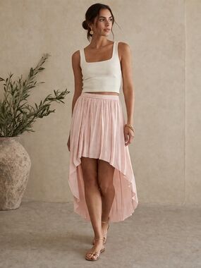 Blush Pink High Low Skirt XL Lined Flowy Minimalist Midi Maxi Soft Feminine